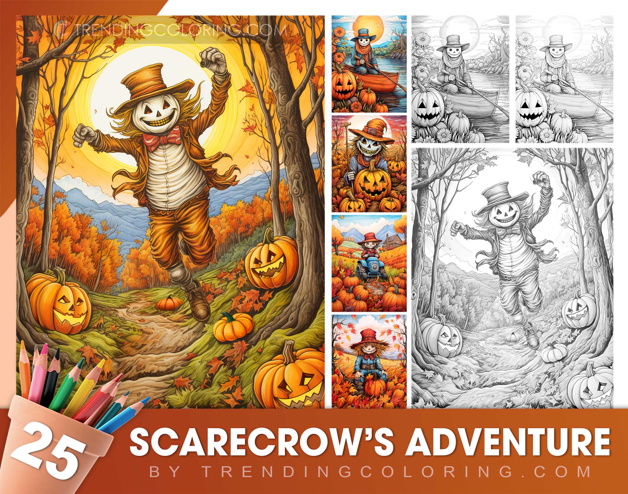 Scarecrows adventure grayscale coloring pages