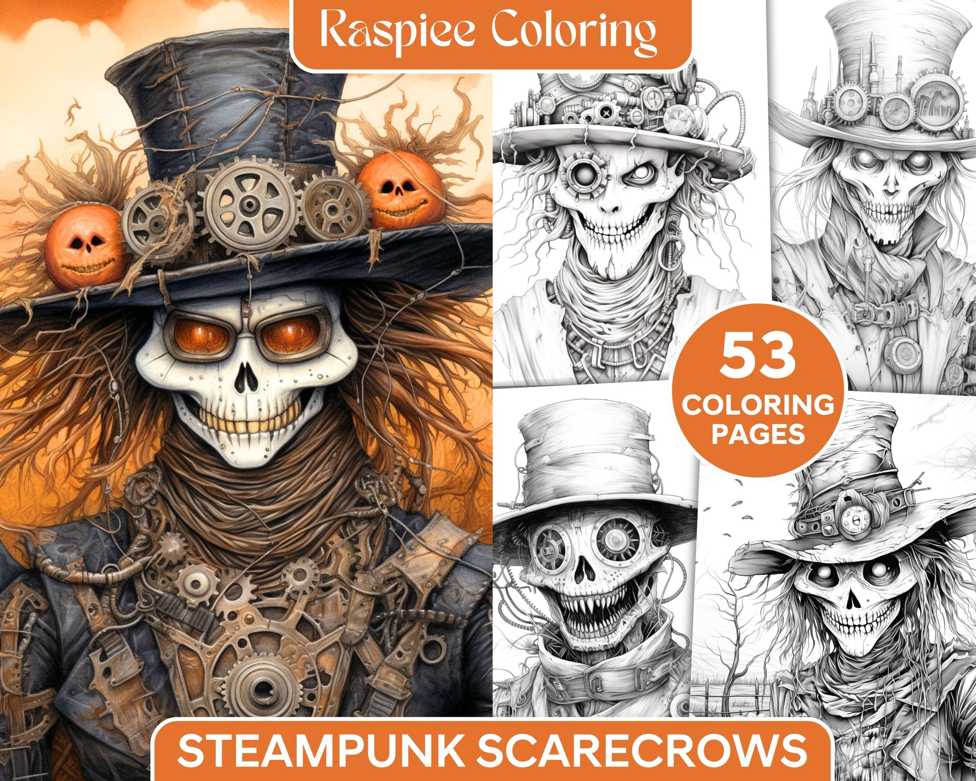 Scary steampunk scarecrows grayscale coloring pages printable for a â coloring