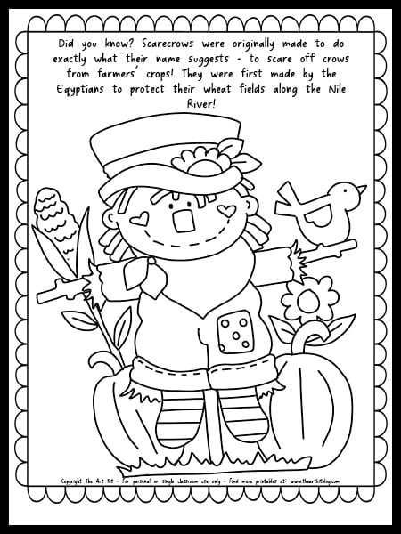Scarecrow coloring page with fun facts free printable â the art kit