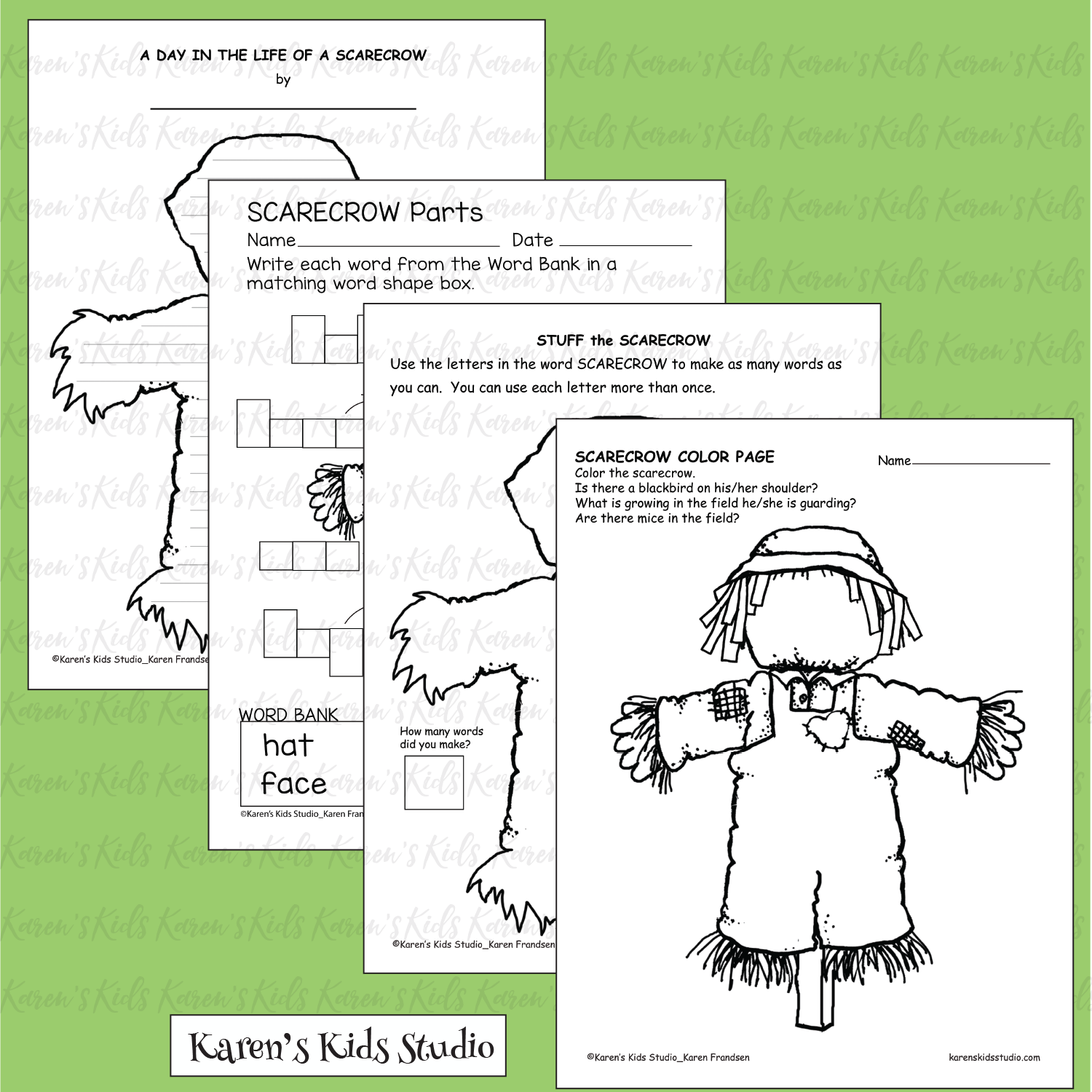 Read write color fall scarecrow worksheets karens kids printables â karens kids studio