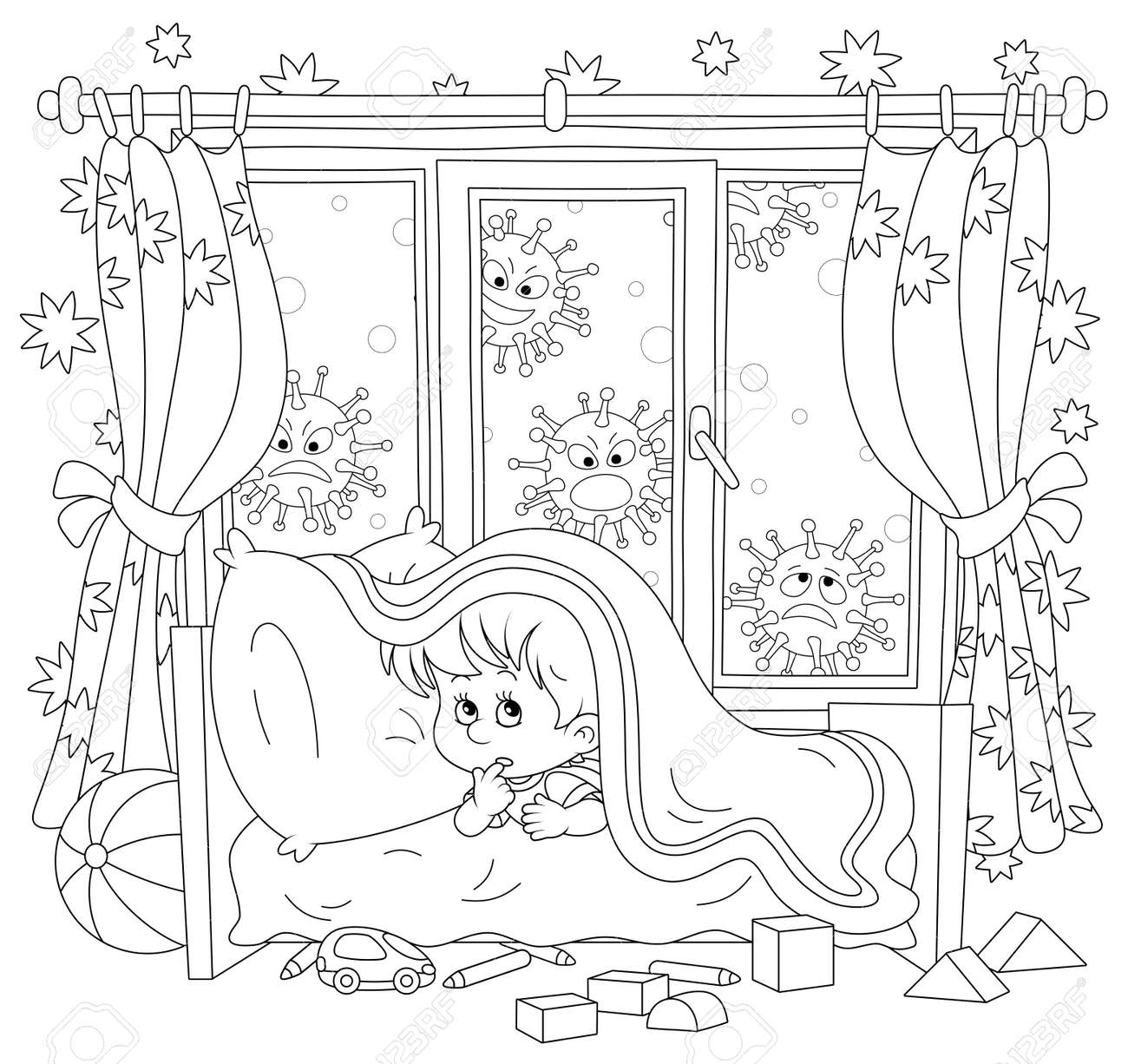 Scared little boy hiding from malicious viruses under a blanket in his bed in a nursery room black and white outlined vector cartoon illustration for a coloring book page royalty free svg