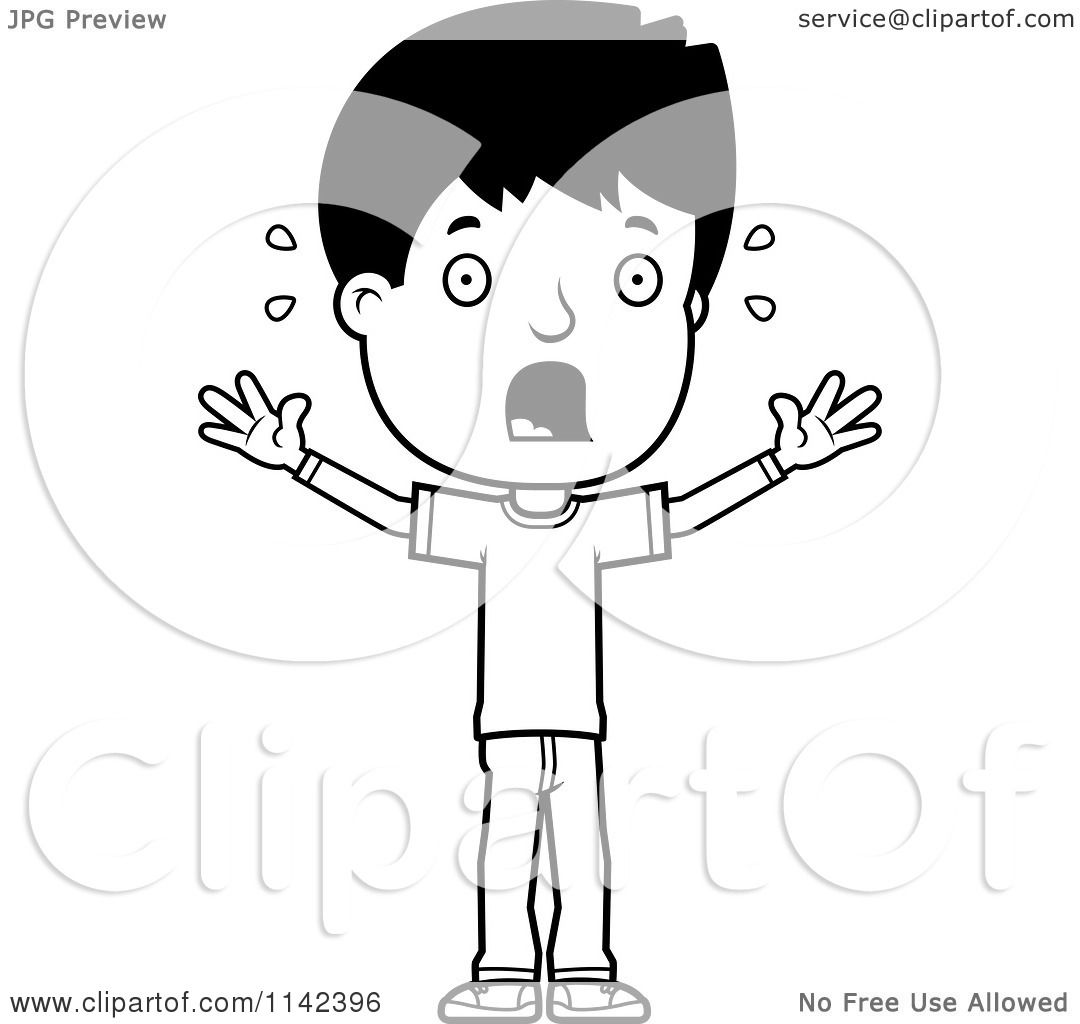 Cartoon clipart of a black and white scared adolescent teenage boy