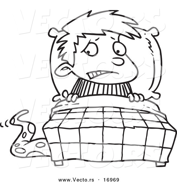 R of a cartoon scared boy seeing a monster emerging from under the bed