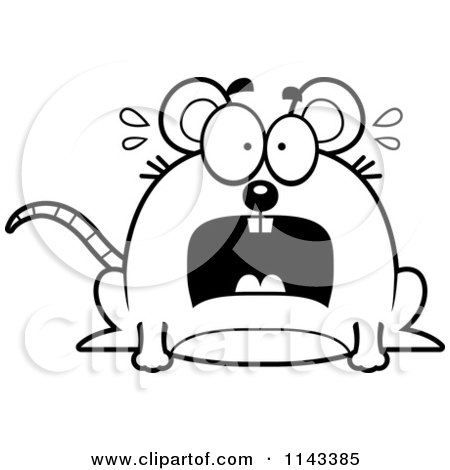 Cartoon clipart of a black and white chubby scared mouse