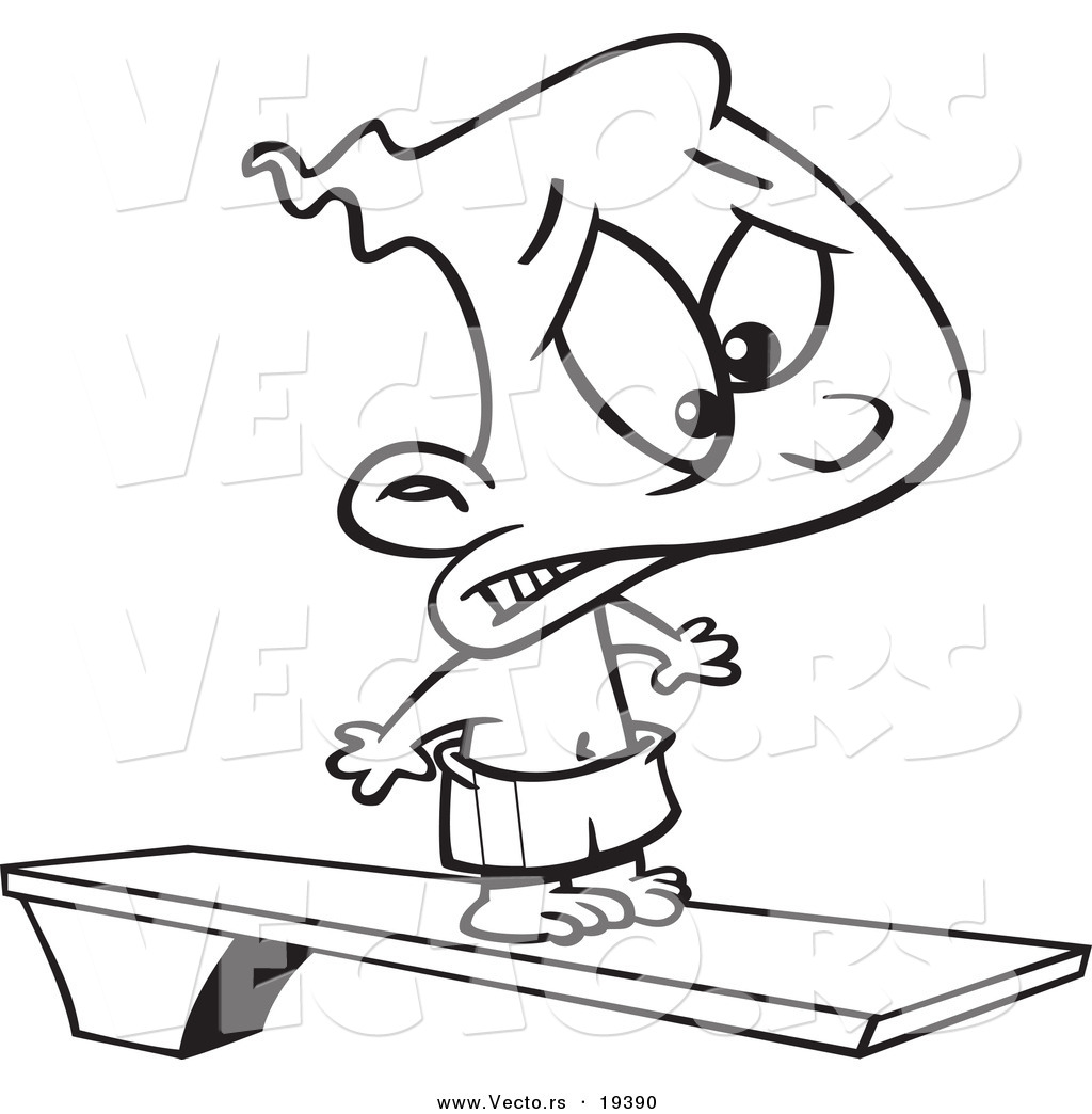 R of a cartoon scared boy on a diving board
