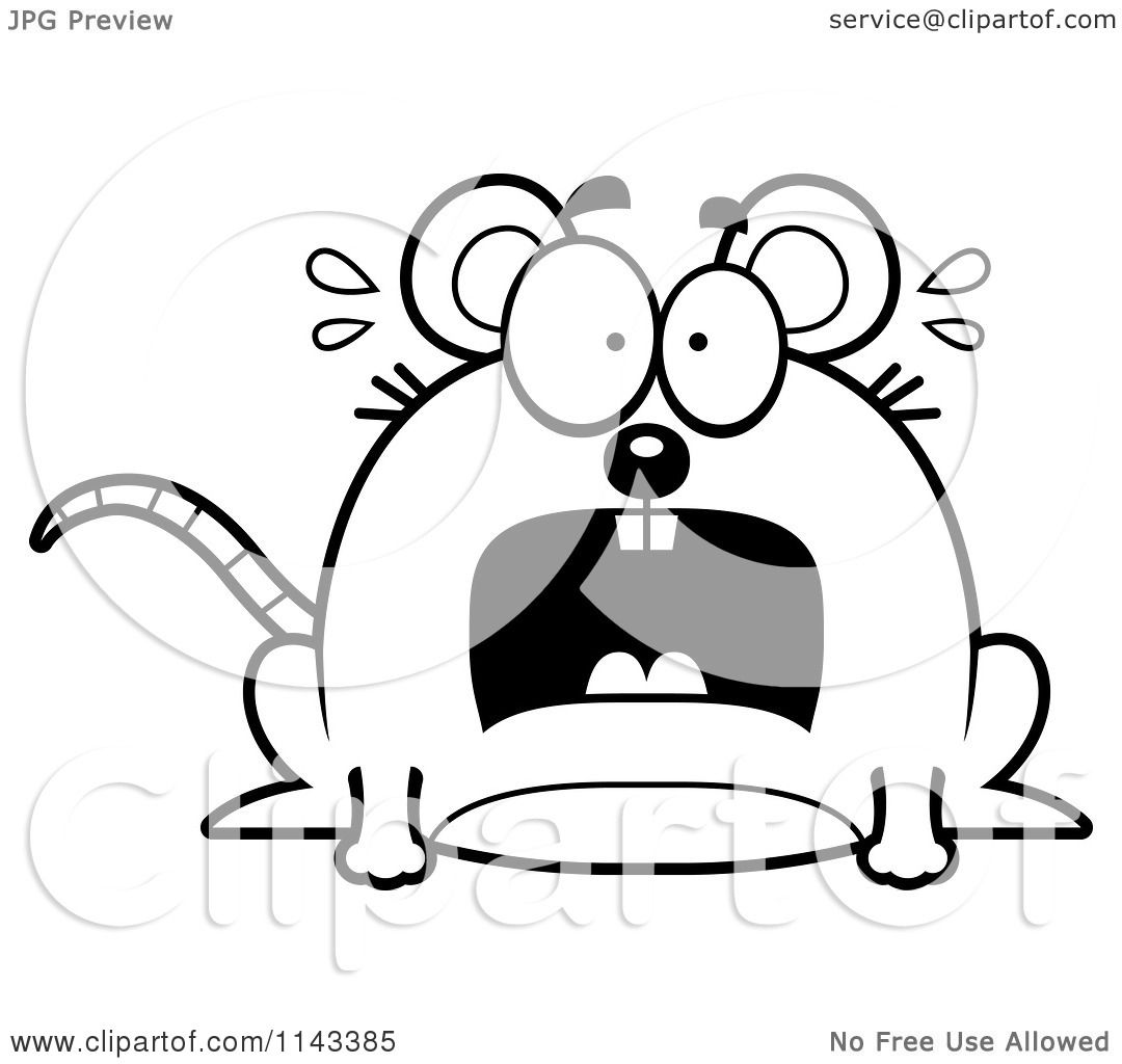 Cartoon clipart of a black and white chubby scared mouse