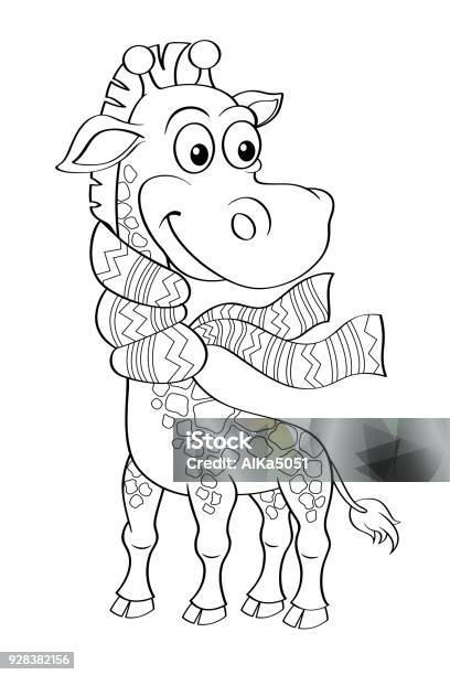 Funny cartoon giraffe with scarf black and white vector illustration for coloring book stock illustration