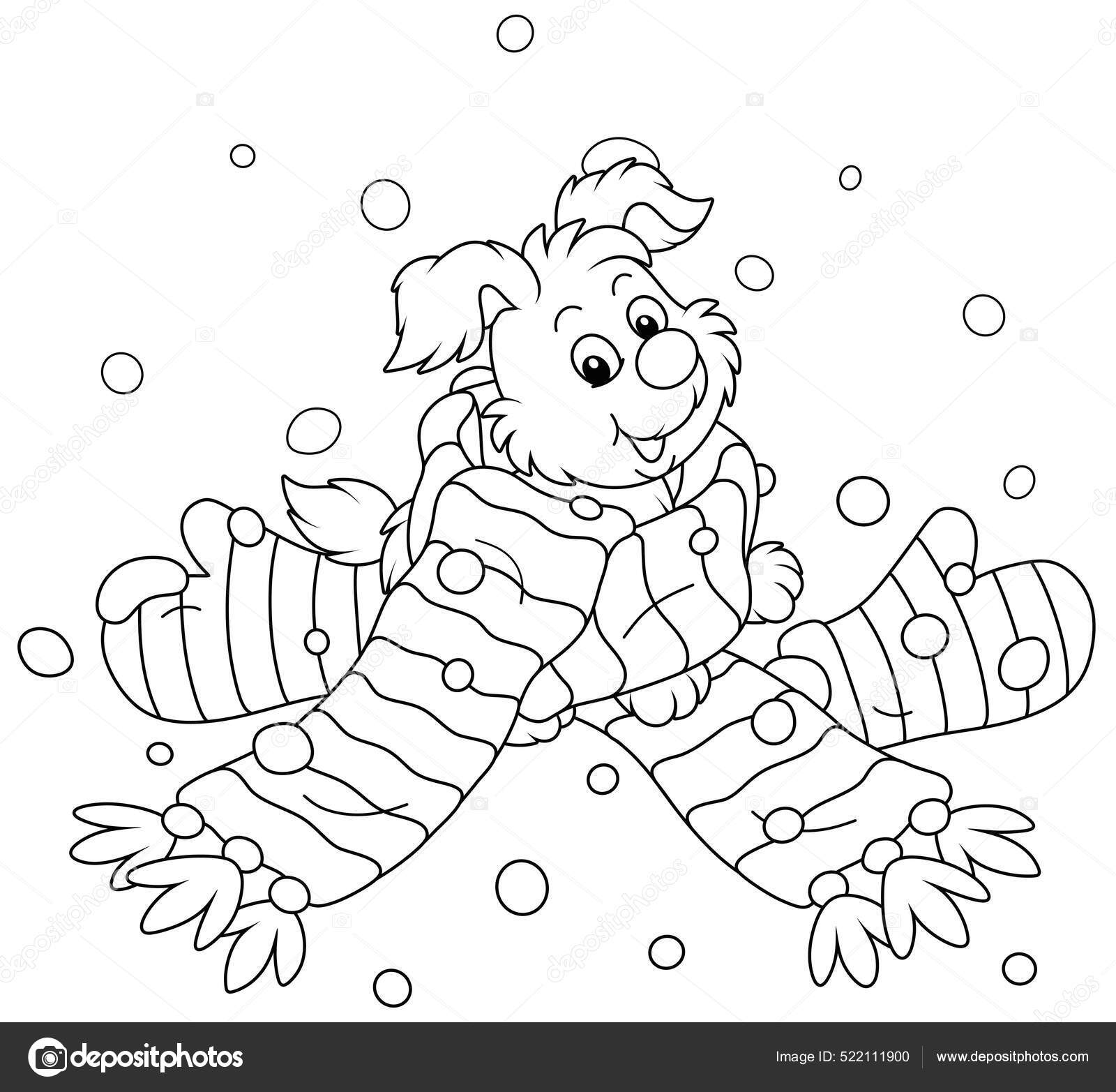 Merry little pup playing long striped scarf mittens black white stock vector by alexbannykh