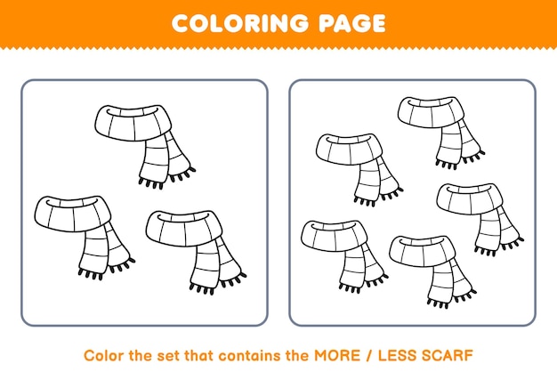 Premium vector education game for children coloring page more or less picture of cute cartoon scarf line art set printable winter worksheet