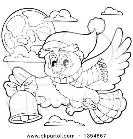 Outline clipart of a cartoon black and white christmas owl wearing a winter scarf and hat flying and ringing a bell