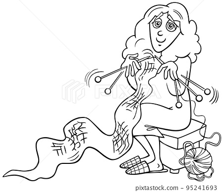 Cartoon woman character knitting a scarf