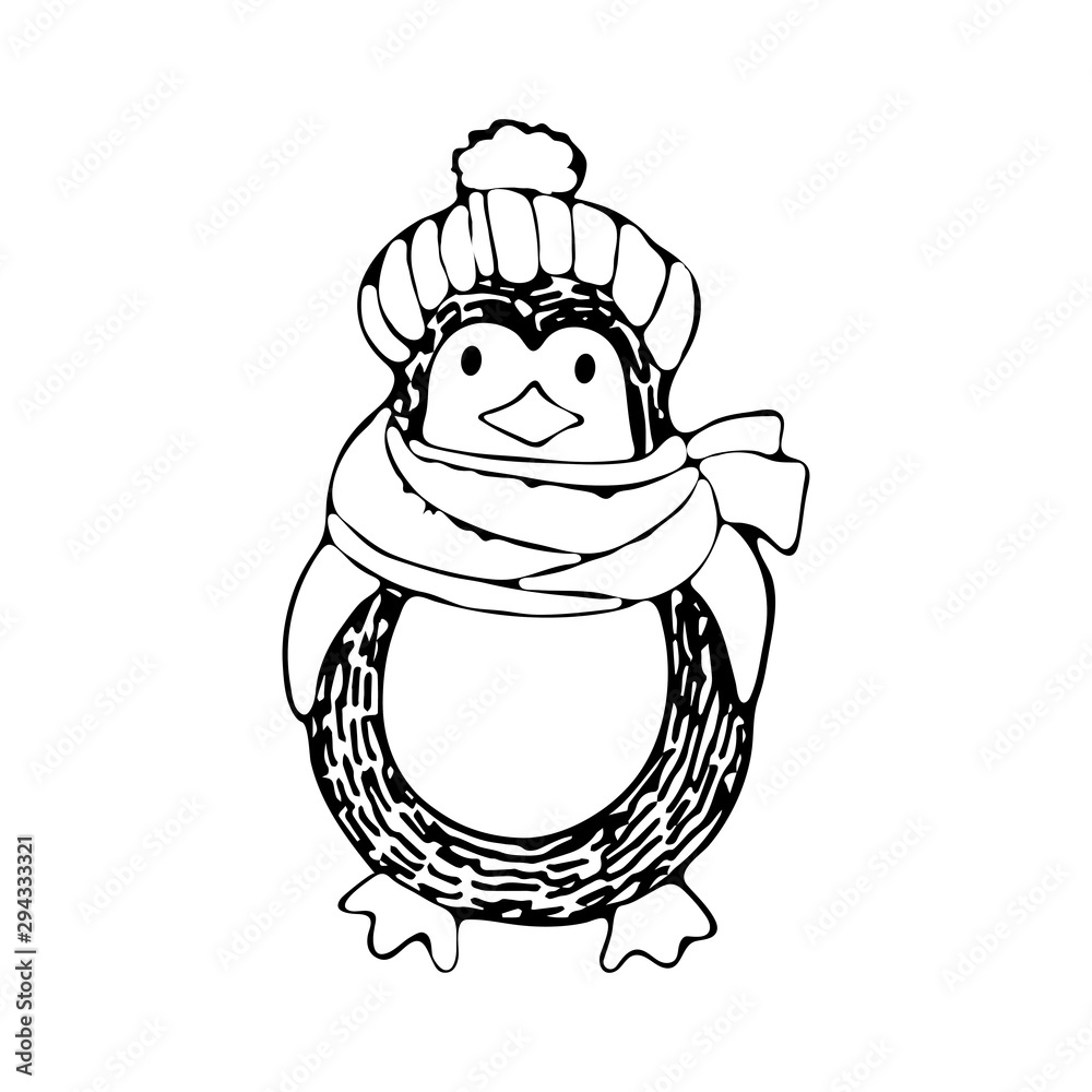 Cute cartoon penguin in a knitted hat and scarf winter illustration for design on the theme