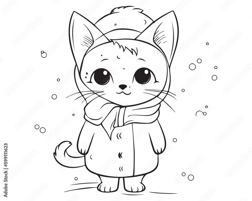 A cat in a coat and a scarf coloring pages cute cat coloring pages of cute cat outline art vector vector