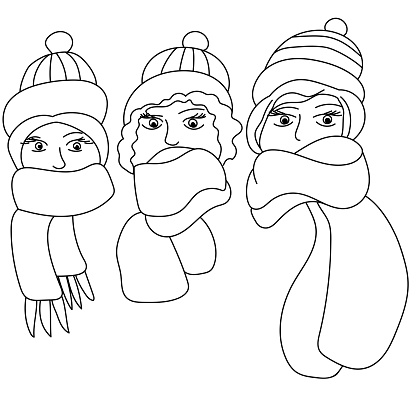 Three winter girls coloring page head in a warm hat and a cozy scarf stock illustration