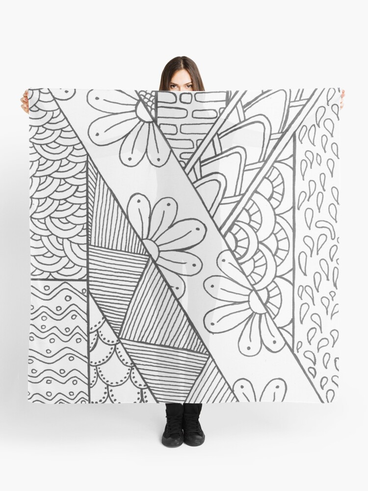 Black and white adult coloring page design scarf for sale by crystalraen