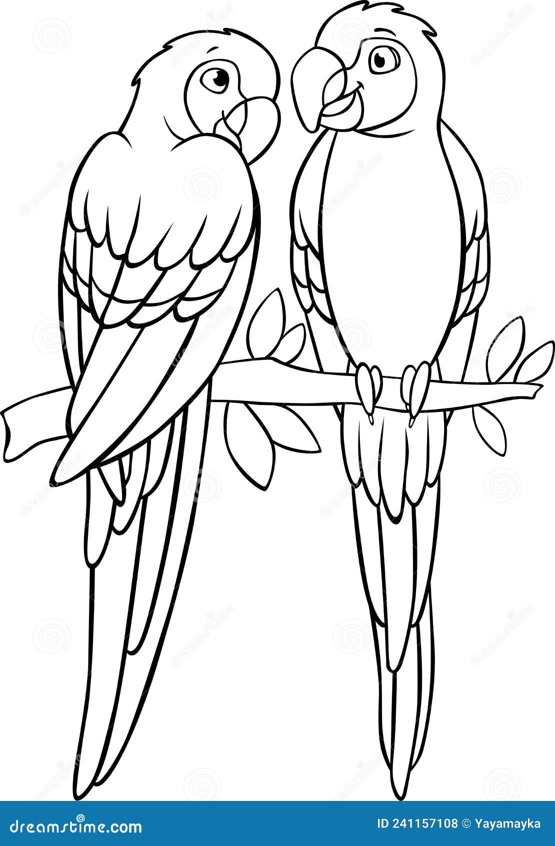 Coloring page two cute parrots red macaw sits and smiles they are in love stock vector