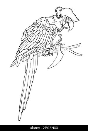 Macaw with pirate knife coloring page funny outline clipart illustration coloring sheet with parrot stock photo