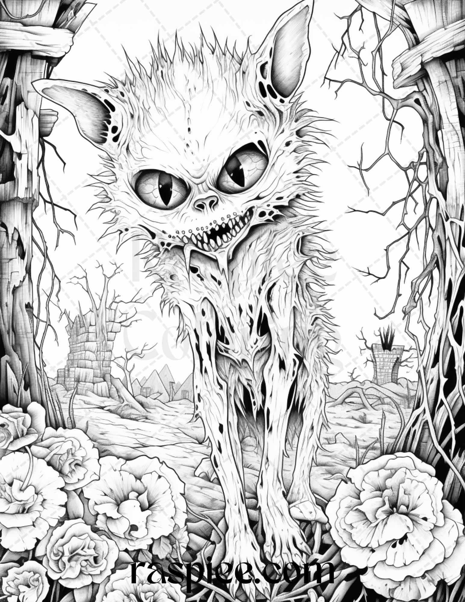 Horror zombie animals grayscale coloring pages printable for adults â coloring