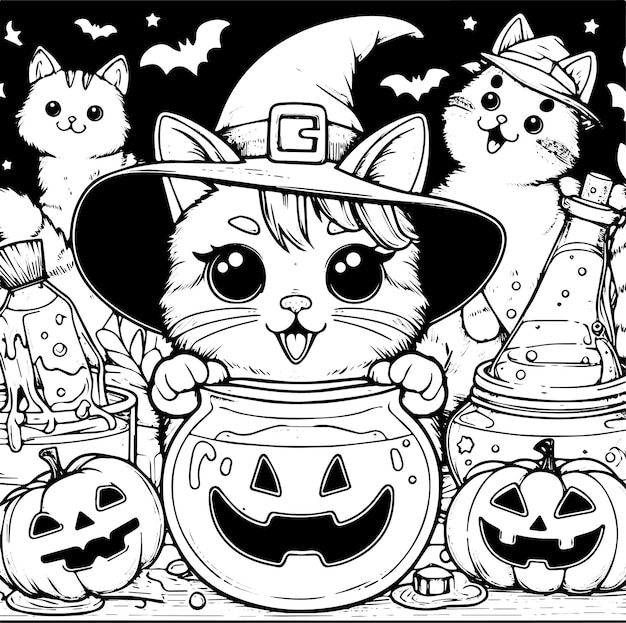 Premium vector super cute halloween cats with scary pumkin coloring page