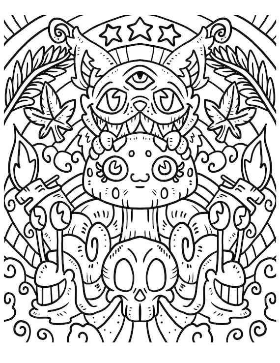 Cat mushroom coloring page digital download scary cat printable