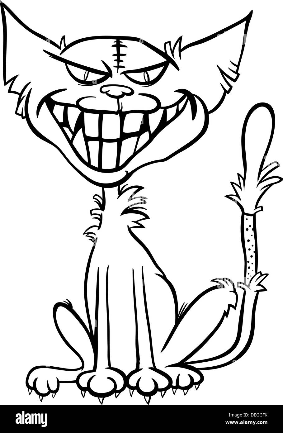 Black and white cartoon illustration of scary halloween zombie bad cat for coloring book stock photo