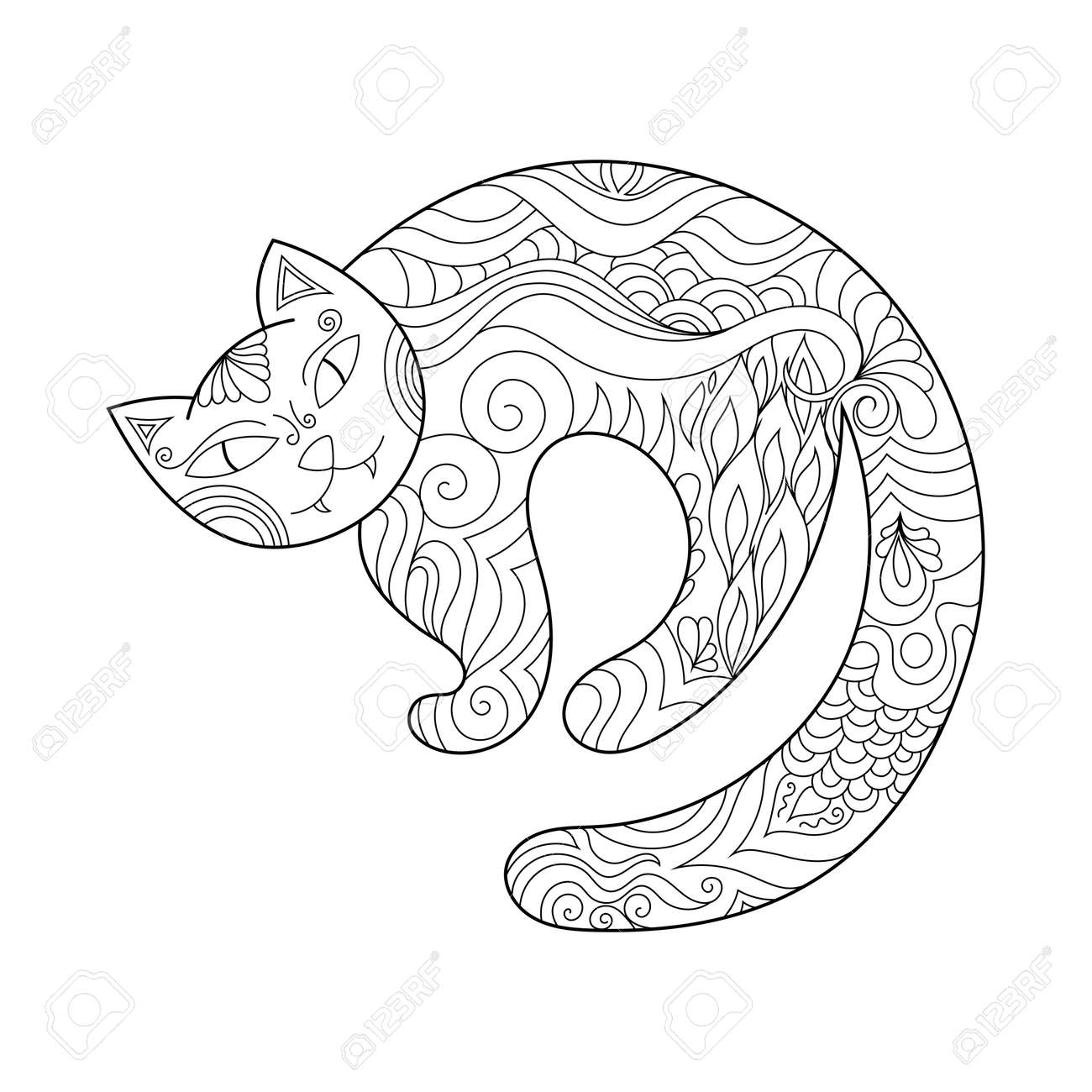 Zen doodle scary cat halloween boho inspired line art illustration royalty free svg cliparts vectors and stock illustration image