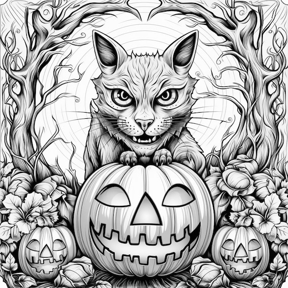 Scary pumpkin and black cat book spooky coloring sheets for teen and adult grayscale coloring pages printable instant download pdf file