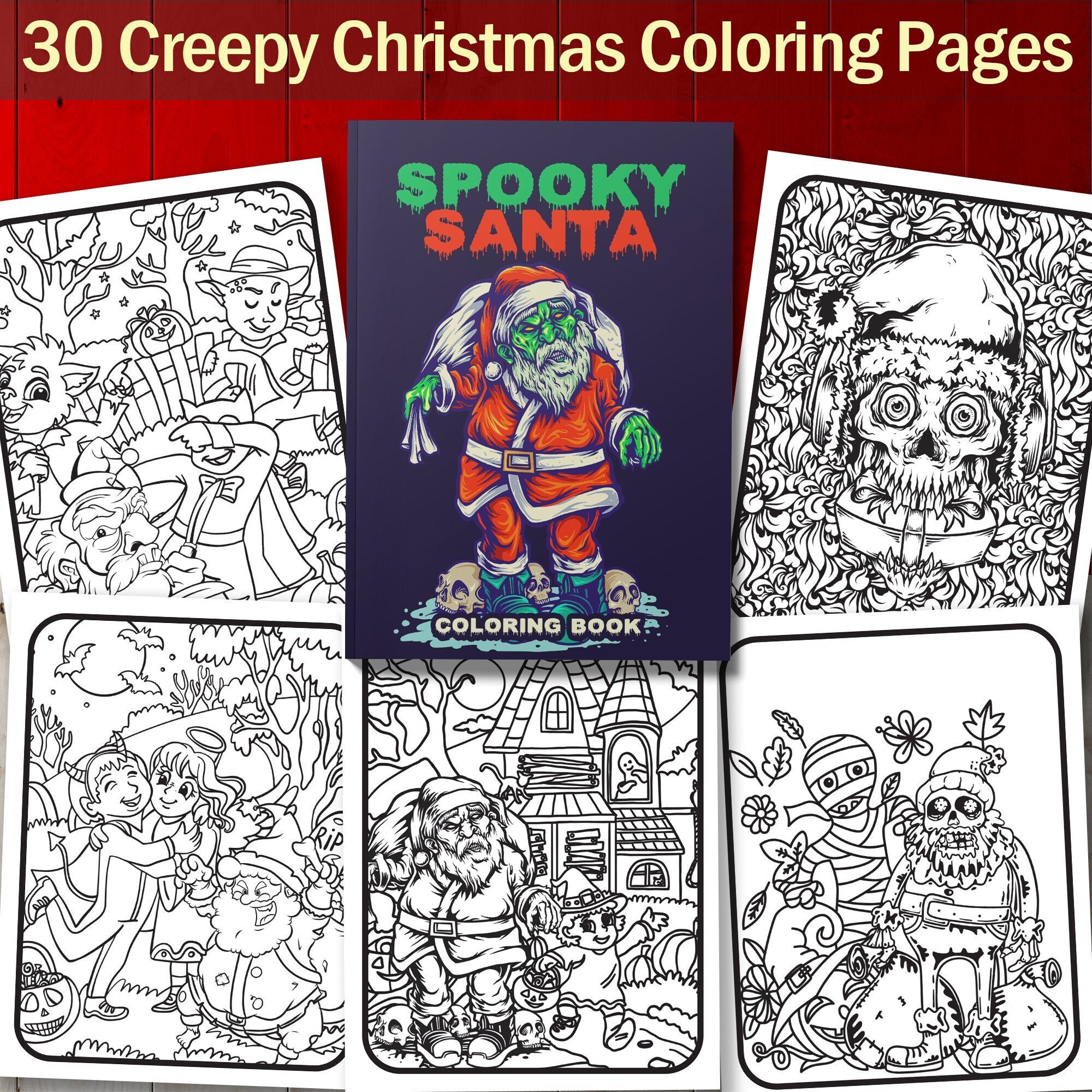 Best value spooky santa coloring book instant download cute and creepy christmas pages to color with reindeer decorations skulls more