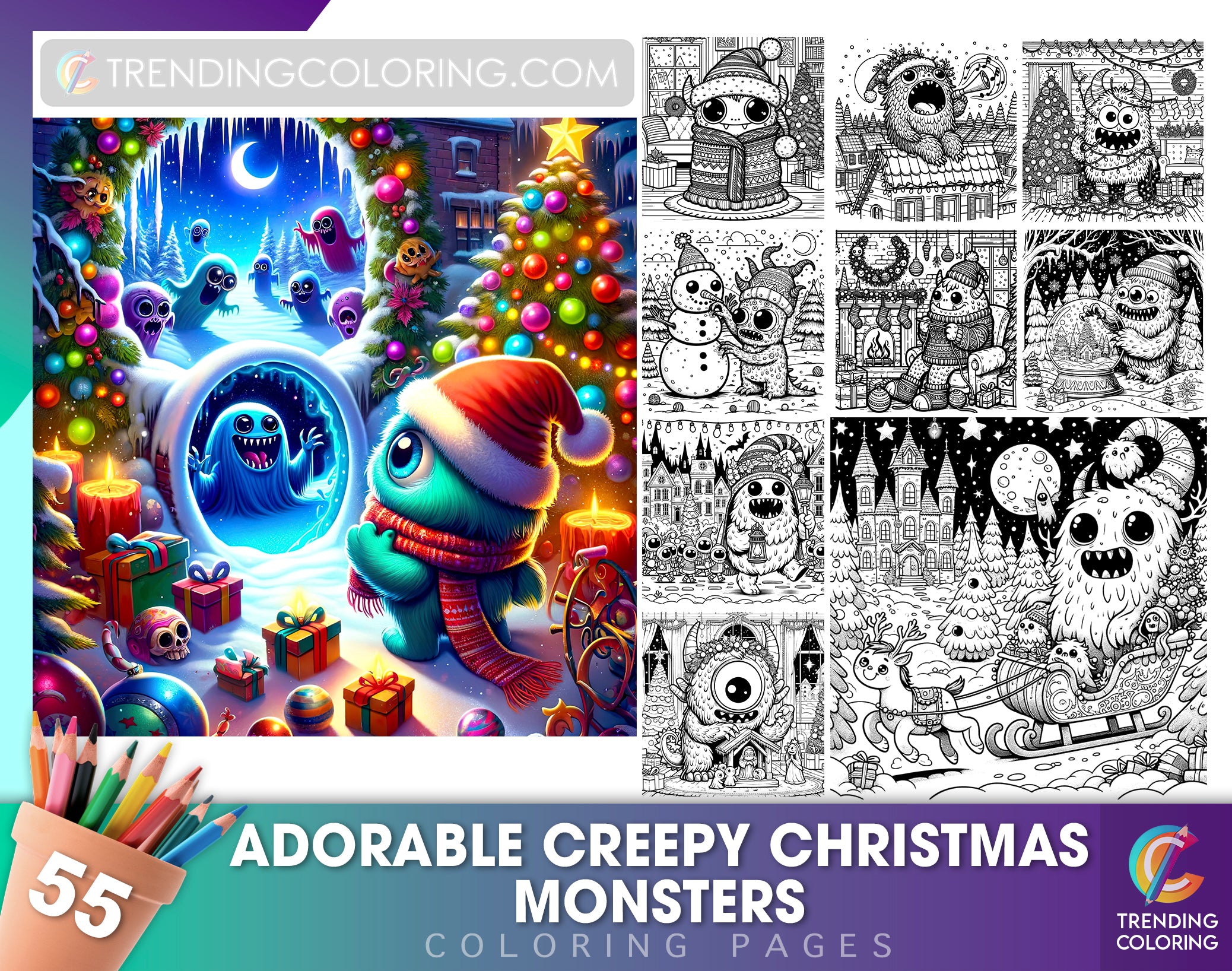 Adorable creepy christmas monsters coloring pages