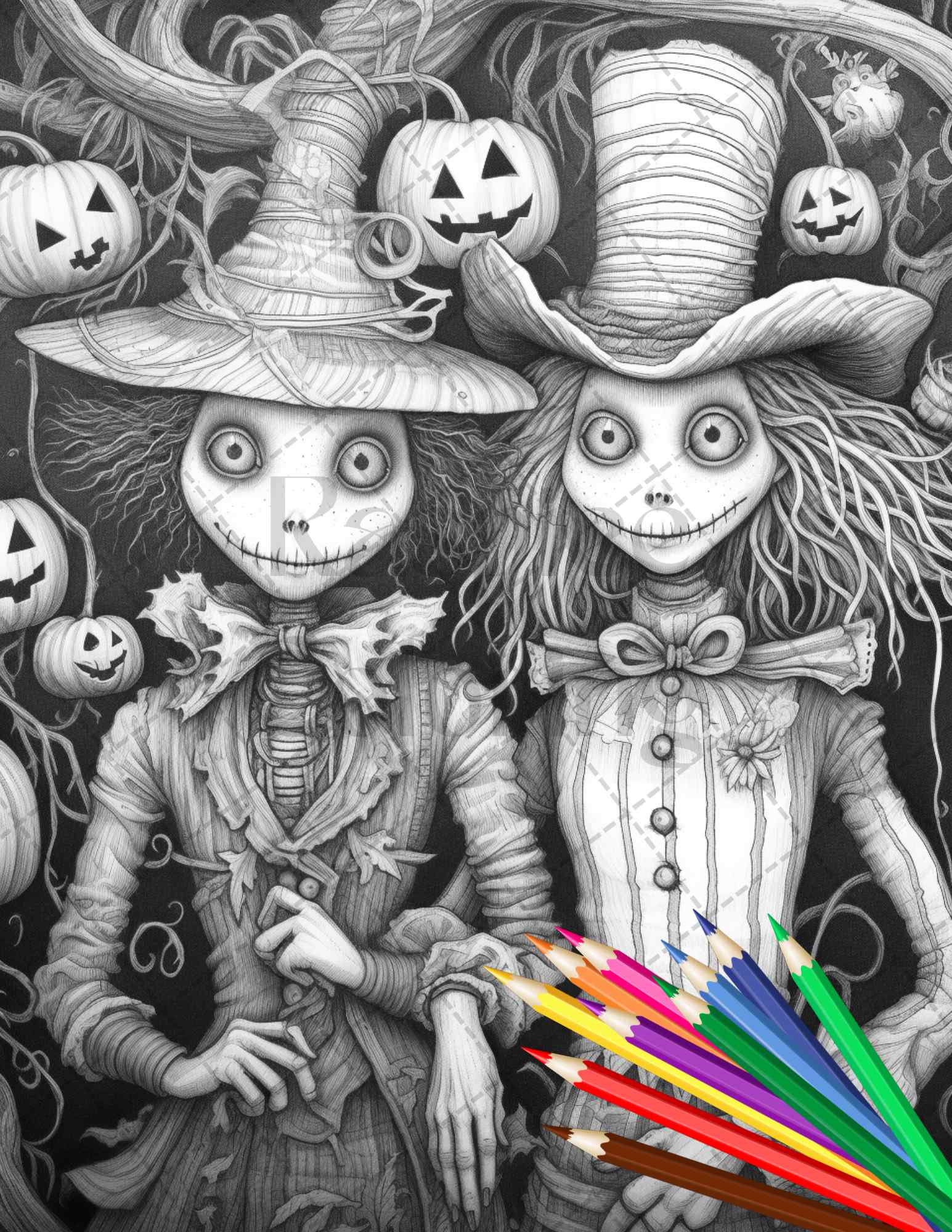 Scary scarecrows grayscale coloring pages printable for adults hal â coloring