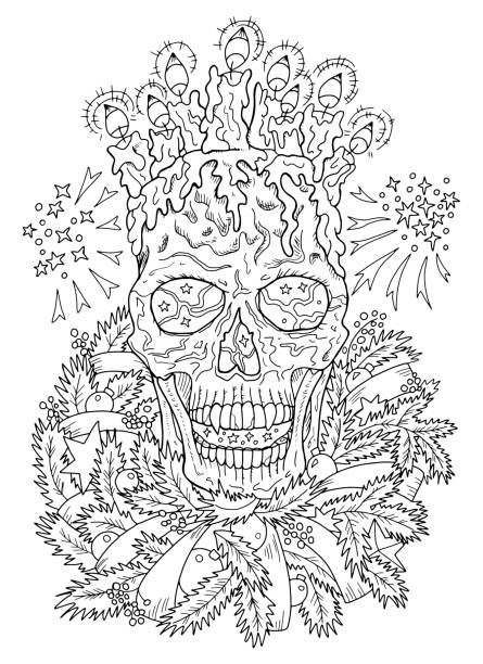 Scary vector illustration with skull in santa claus hat and christmas and new year symbols gifts decorations happy krampus or halloween concept black and white line art for coloring page stock illustration