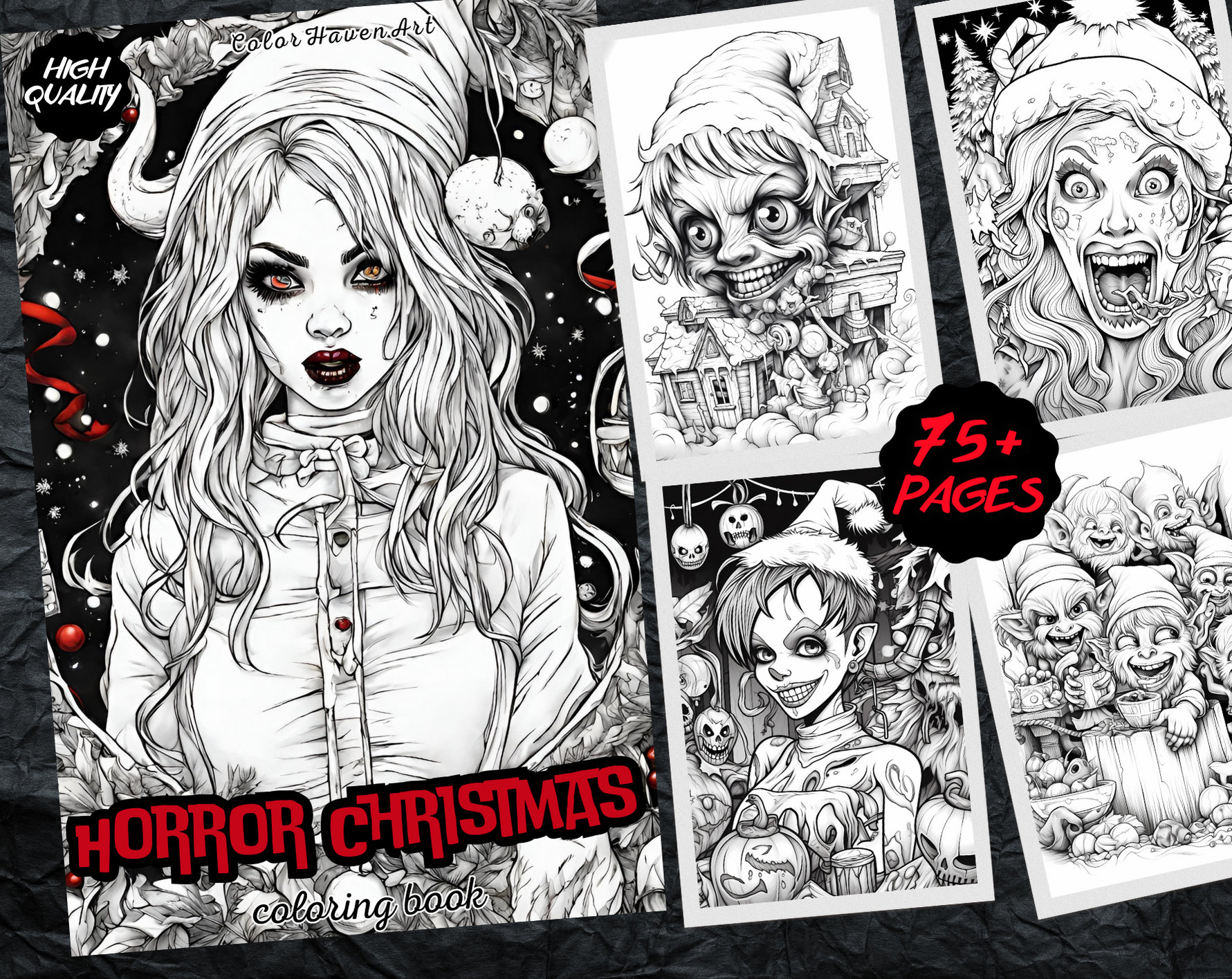 Horror christmas scary fantasy coloring page book adults kids instant download grayscale coloring page printable pdf horse coloring