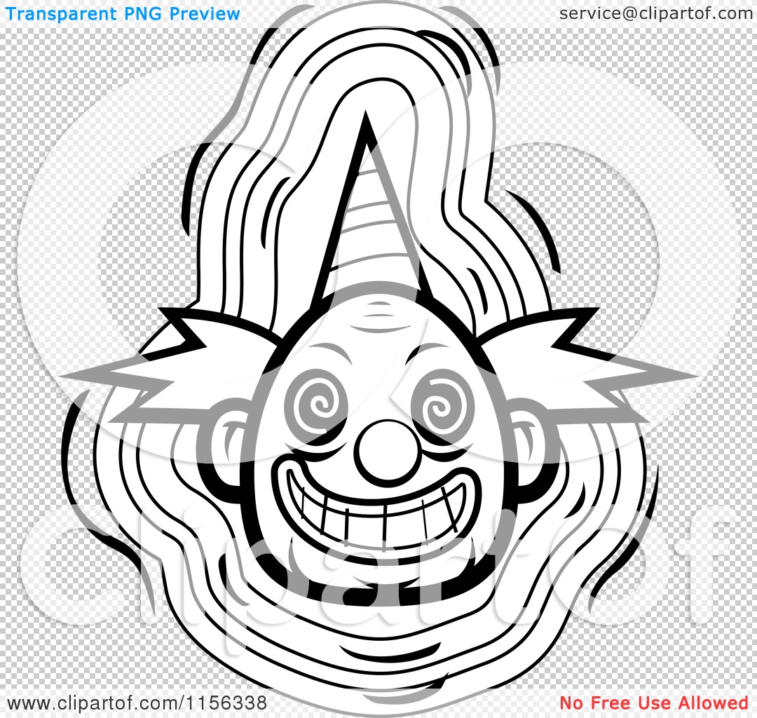 Cartoon clipart of a black and white evil clown face with a party hat