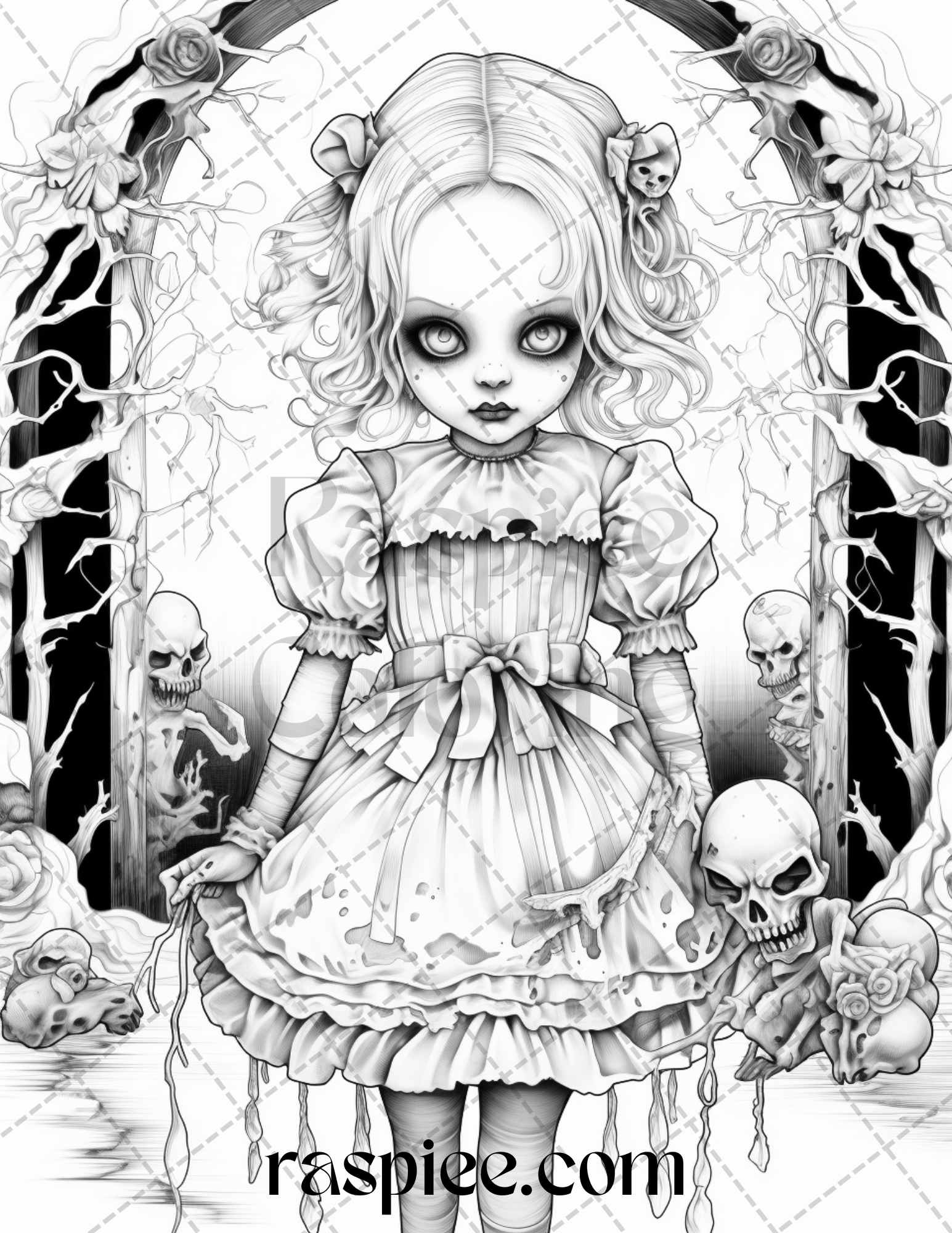 Scary victorian dolls grayscale coloring pages printable for adults â coloring