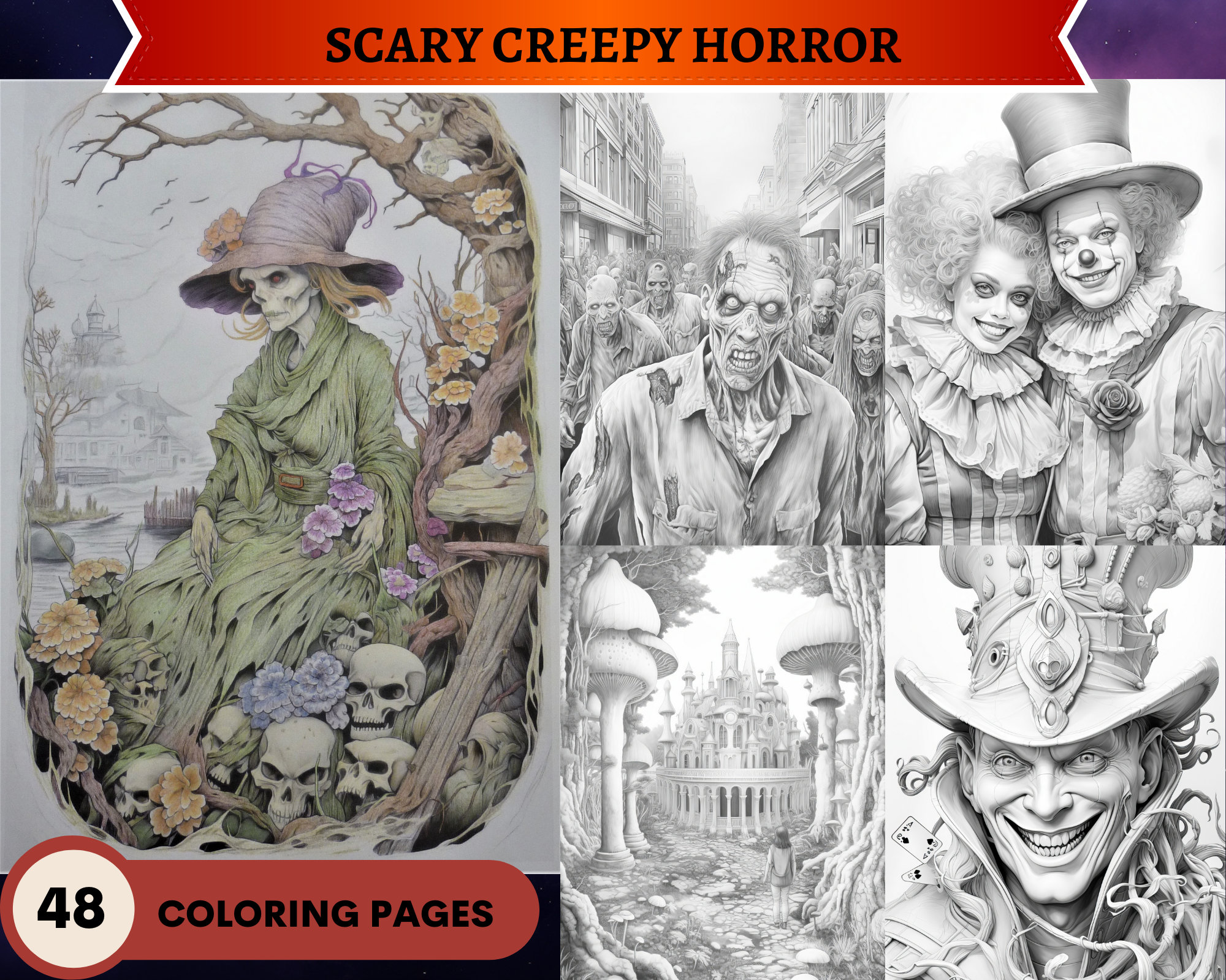 Scary creepy horror coloring pages bright and dark versions printable adult coloring pages download grayscale illustration