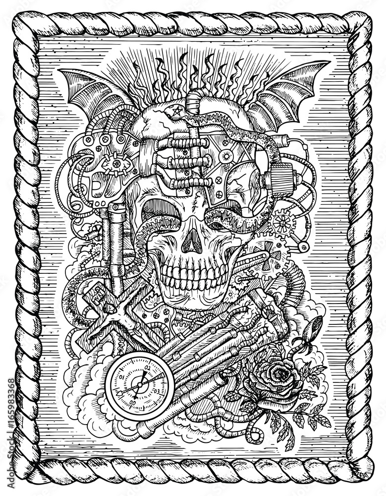 Black and white mystic drawing with scary skull steampunk and gothic symbols as rose demon wings cross cogs and wheels in frame vector