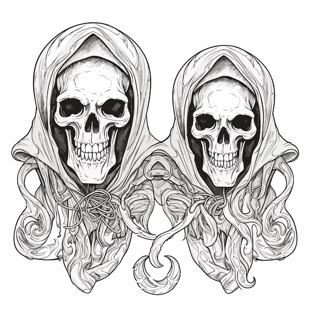 Premium vector sketch hand drawn single line art coloring page line drawing medusa death devil skull day