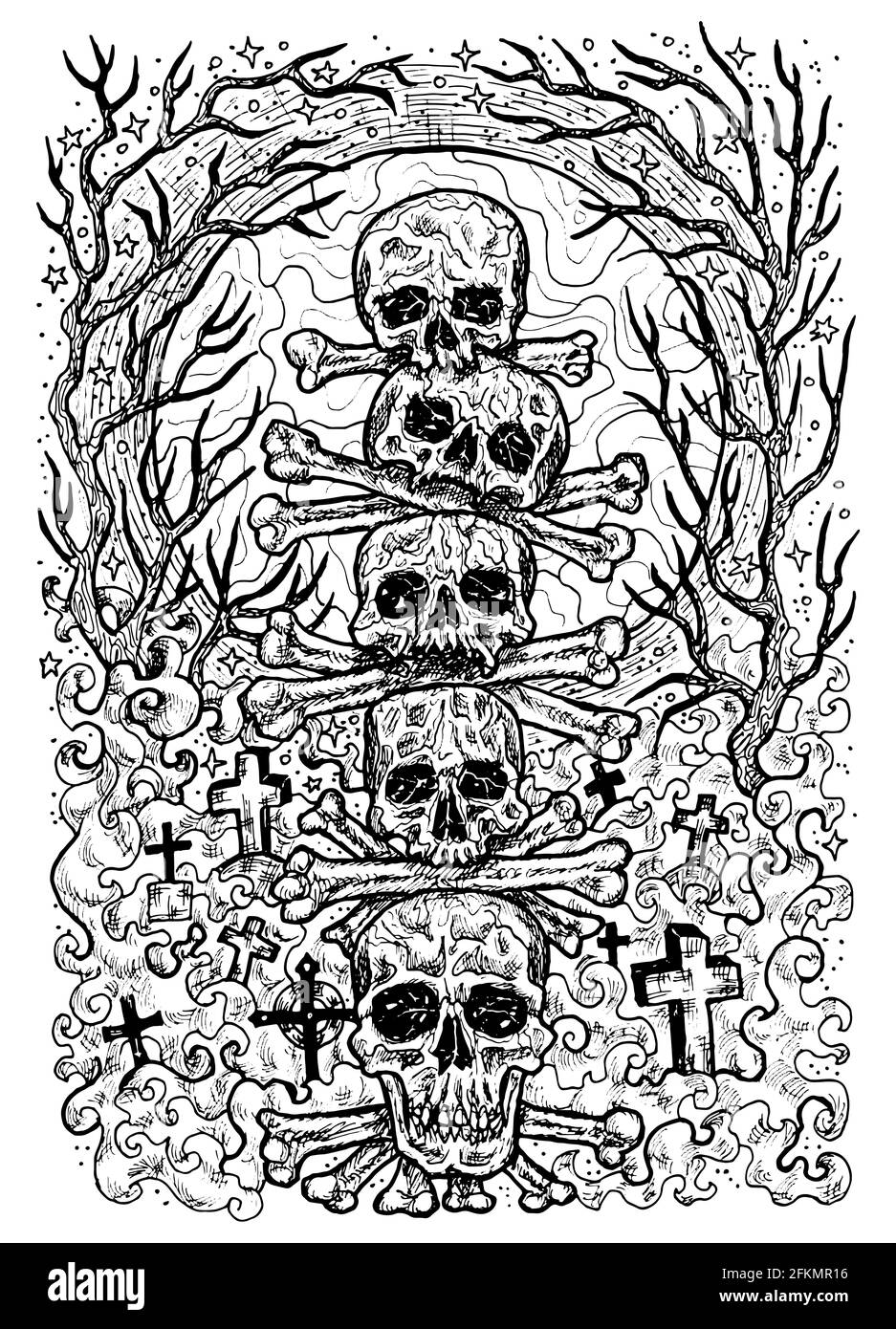Black and white engraved illustration of scary skulls and bones in cemetery with graves evil trees and fool moon mystic background for halloween es stock photo