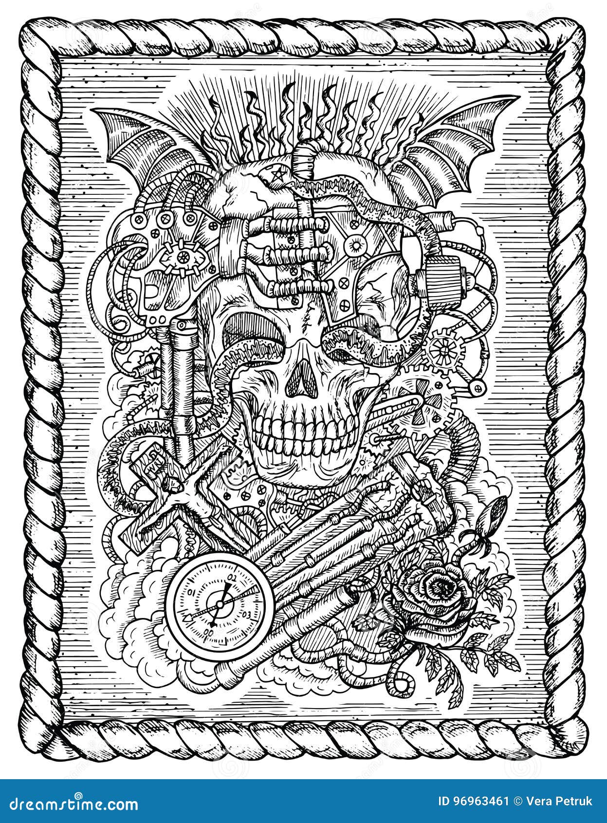 Black and white mystic drawing with scary skull steampunk and gothic symbols as rose demon wings cross cogs and wheels in fram stock vector