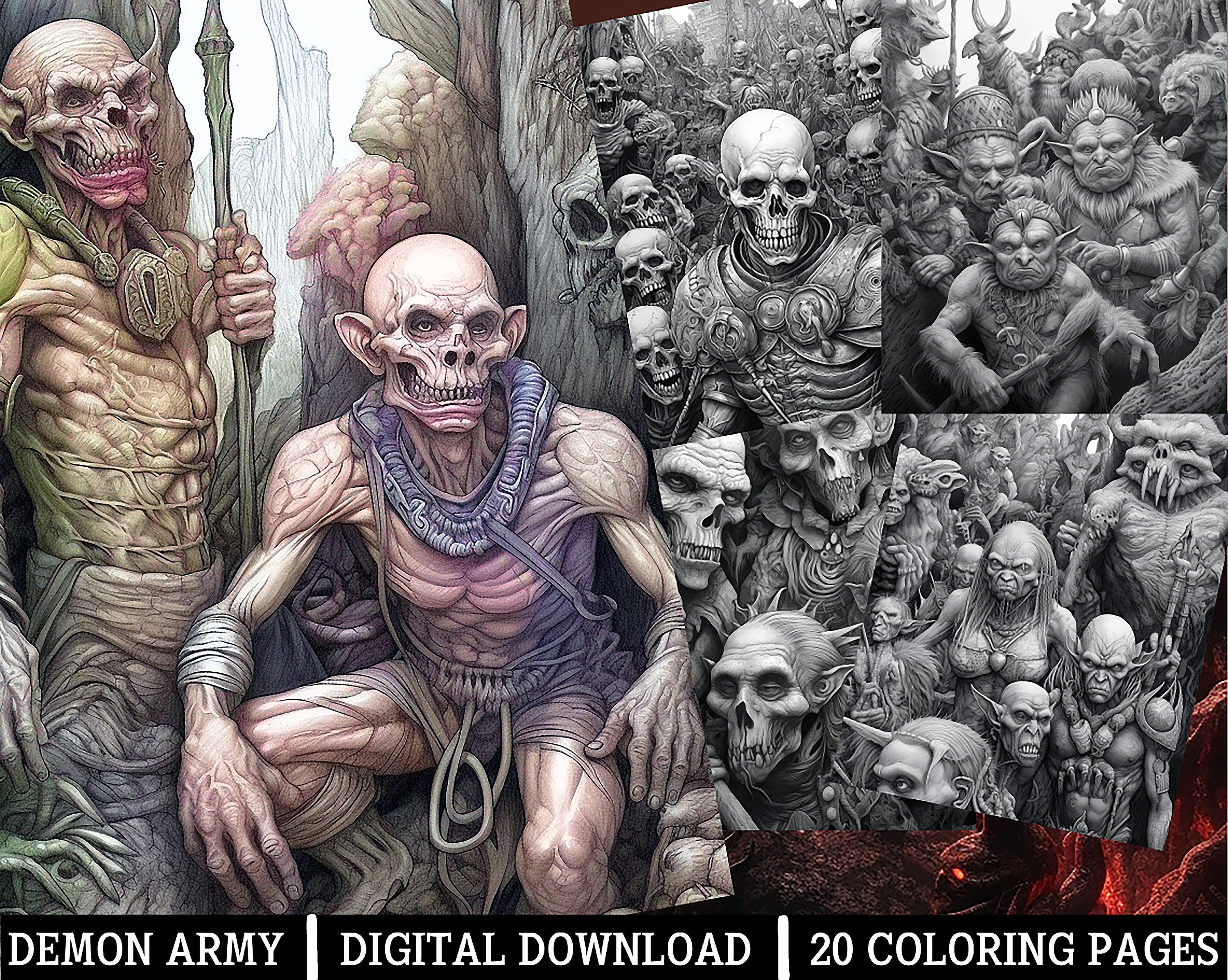 Demon army coloring pagesfor adults instant download grayscale coloring page printable pngjpeg coloring for adults horror themed art