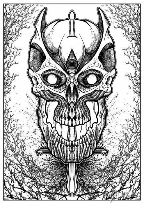 A terrible demon skull with horns impaled on a sword among the posters for the wall â posters graphic vignetting line art