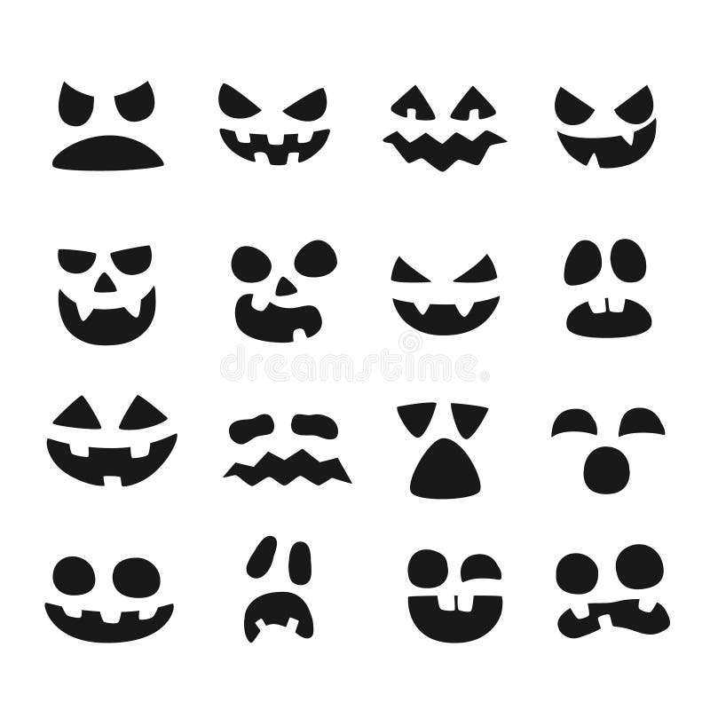Pumpkin faces halloween evil devil face scary smile mouth spooky nose and pumpkins eyes vector illustration set stock vector