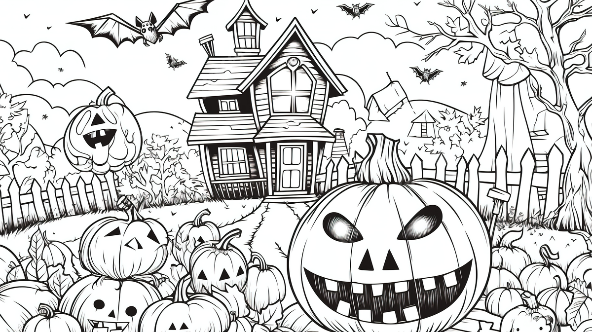 Halloween house with pumpkins and jack o lanterns coloring pages background halloween picture coloring pages background image and wallpaper for free download