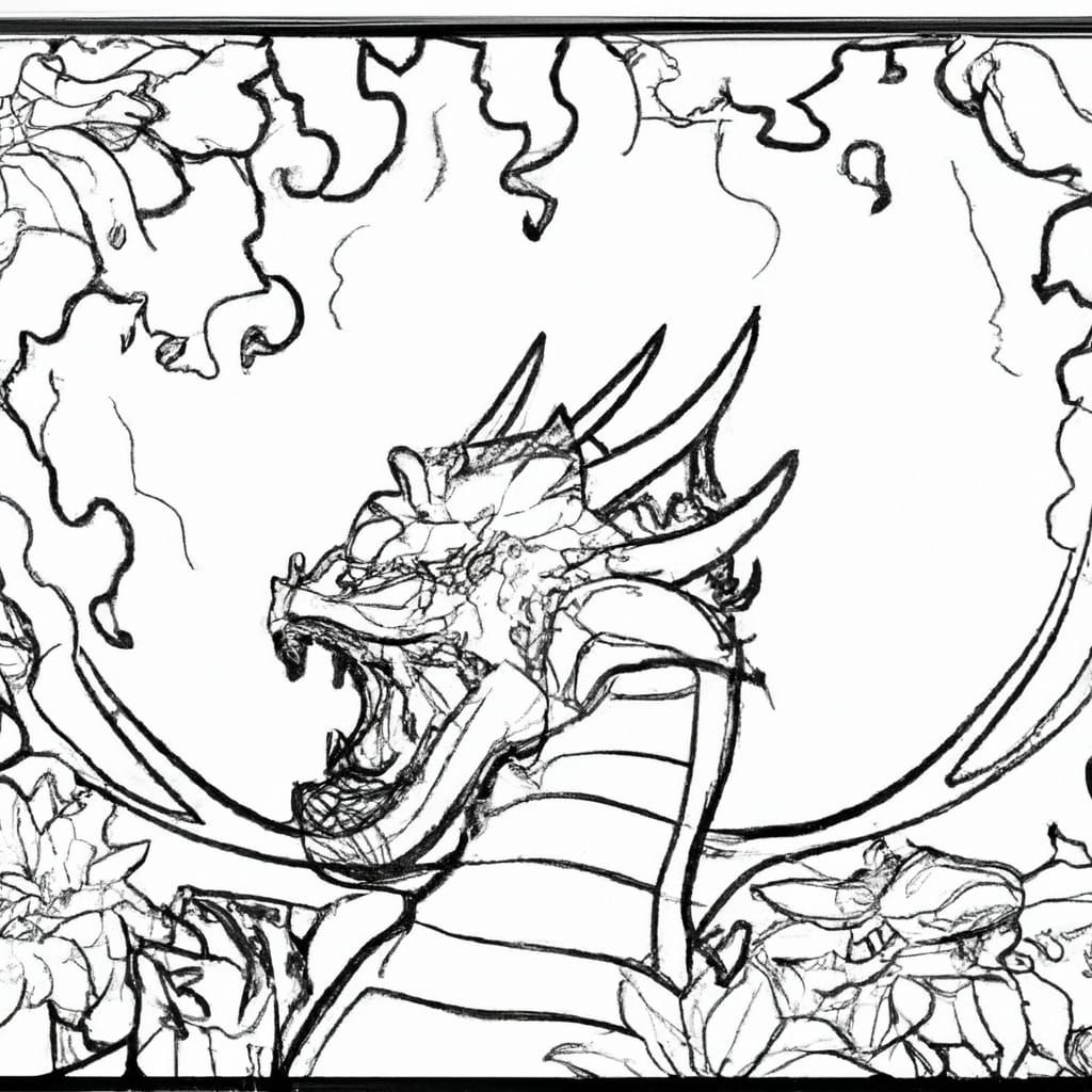 Scary dragon breathing out fire inside floral frame black and white coloring book page black background