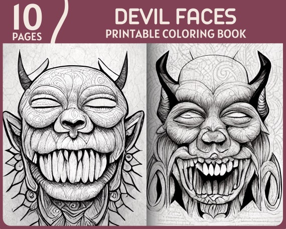 Devil face grayscale coloring pages realistic demon faces illustrations scary devil faces printable coloring book for adults