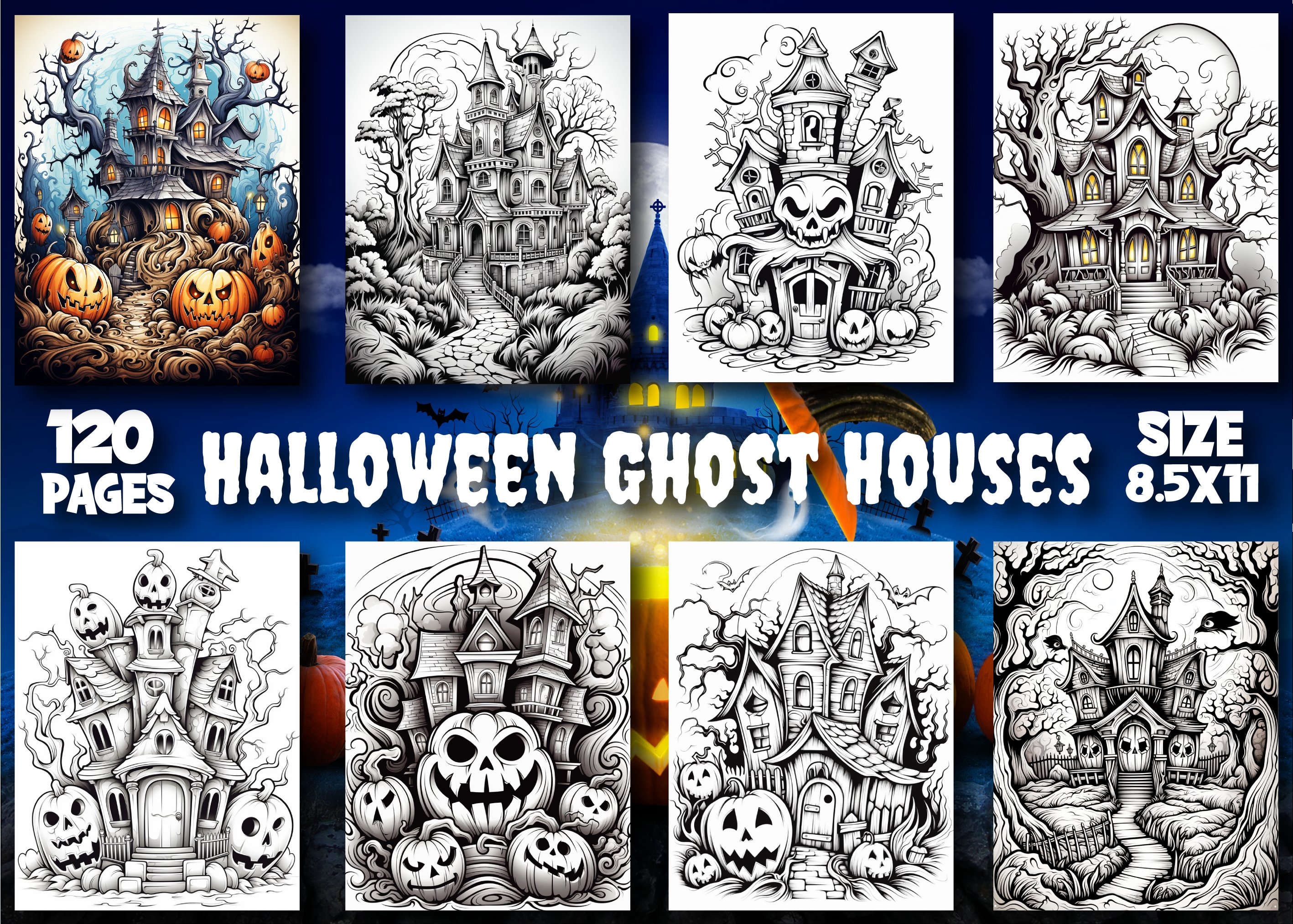 Halloween ghost houses coloring page animal illustrations creative market