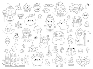 Premium vector vector black and white kawaii halloween clipart set for kids cute line samhain party coloring page scary collection with jackolantern haunted house ghost skull bat witch vampire