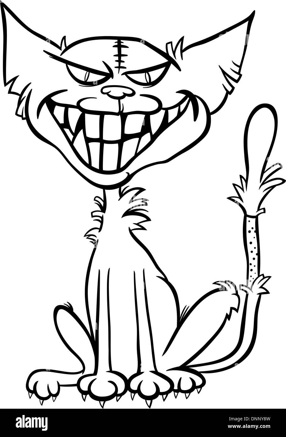 Black and white cartoon illustration of scary halloween zombie bad cat for coloring book stock vector image art