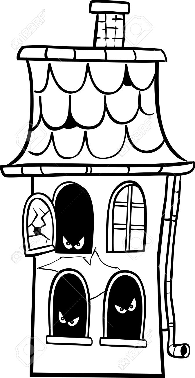 Black and white cartoon illustration of scary halloween haunted house for coloring book royalty free svg cliparts vectors and stock illustration image