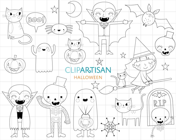 Halloween clipart digital stamps trick or treat coloring page spooky line art eps vector graphics